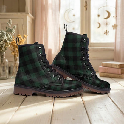Dark Green Plaid Combat Boots, Vegan Leather Gingham Platform Shoes, Fall Gothic Style