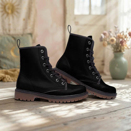 Black Vegan Leather Combat Boots, Lace-Up Platform Ankle Booties