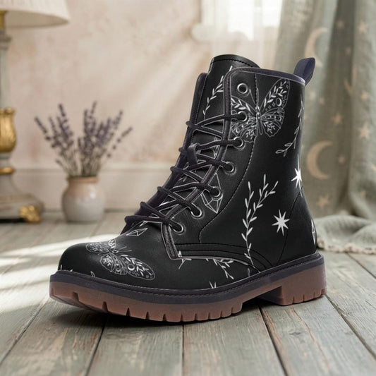Celestial Butterfly Combat Boots, Witchy Festival Lace-Up Footwear, Star Pattern Vegan Leather
