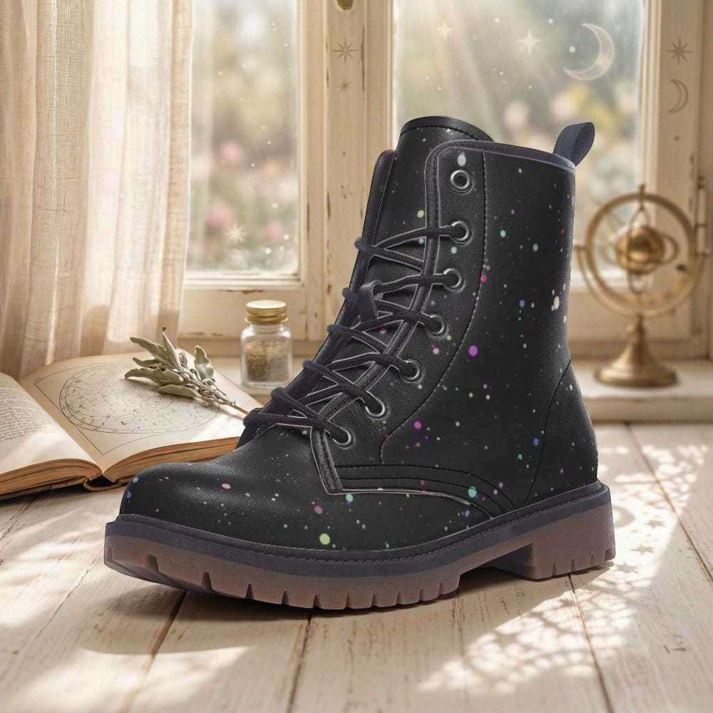 Black Paint Splatter Combat Boots, Colorful Festival Lace Up Ankle Shoes