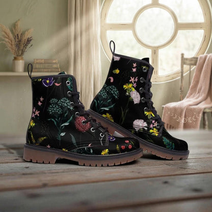 Dark Floral Boots, Botanical Lace Up Booties, Cottage Goth Wildflower Shoes