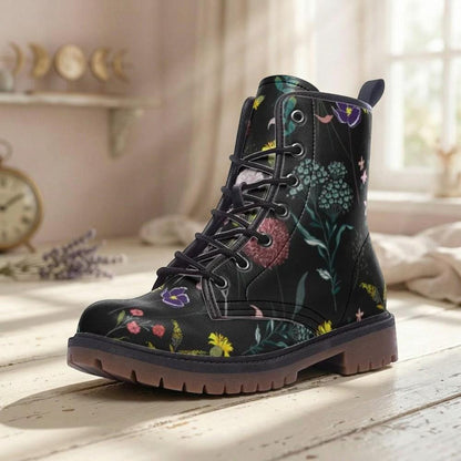 Dark Floral Boots, Botanical Lace Up Booties, Cottage Goth Wildflower Shoes