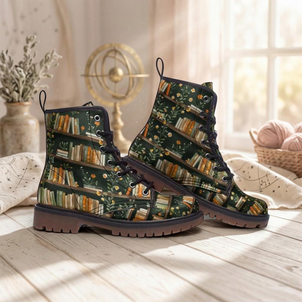 Dark Academia Boots Bookshelf Floral Print Book Lover Lace Up Shoes