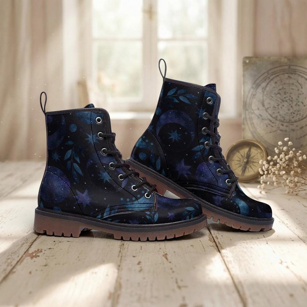 Moon Forest Vegan Leather Combat Boots, Witchy Festival Boots