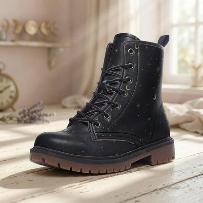 Gold Stars Moon Vegan Leather Combat Boots Witchcore Clubwear Gothic Punk Footwear