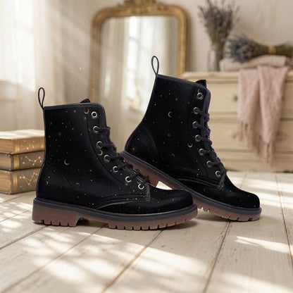 Gold Stars Moon Vegan Leather Combat Boots Witchcore Clubwear Gothic Punk Footwear