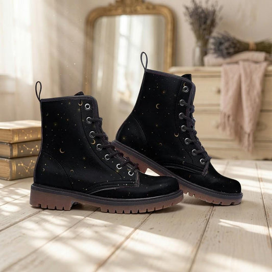 Gold Stars Moon Vegan Leather Combat Boots Witchcore Clubwear Gothic Punk Footwear