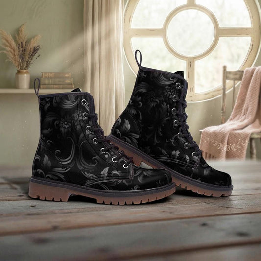 Dark Damask Floral Platform Boots, Gothic Vintage Lace-Up Combat Shoes