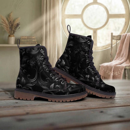 Gothic Damask Combat Boots, Black Victorian Floral Lace Up Boots, Dark Academia Shoes