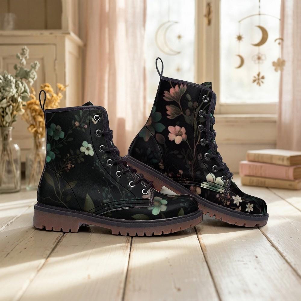 Dark Floral Combat Boots, Gothic Botanical Lace Up Shoes, Cottagecore Grunge Festival Boots