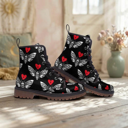 Gothic Moth Combat Boots, Vegan Leather Lace-Up, Edgy Unisex Biker Style, Festival, Dark Fashion