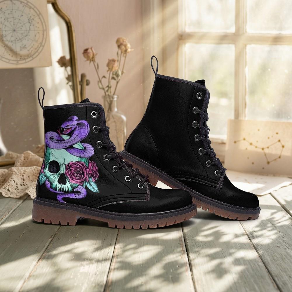 Pastel Goth Skull Snake Vegan Combat Boots, Celestial Witchy Festival Footwear