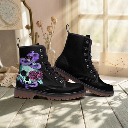 Pastel Goth Skull Snake Vegan Combat Boots, Celestial Witchy Festival Footwear