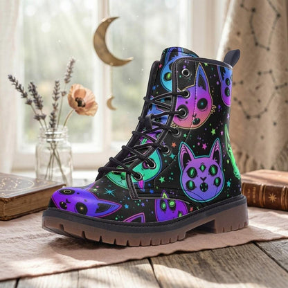 Cat Combat Boots, Neon Goth Lace Up Boots, Spooky Alt Platform Shoes