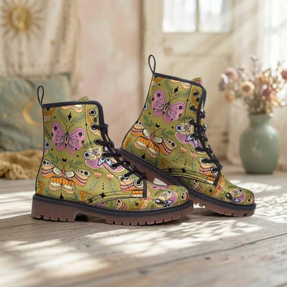 Butterfly Combat Boots, Pastel Moth Floral Shoes, Cottagecore Lace Up Ankle Boots