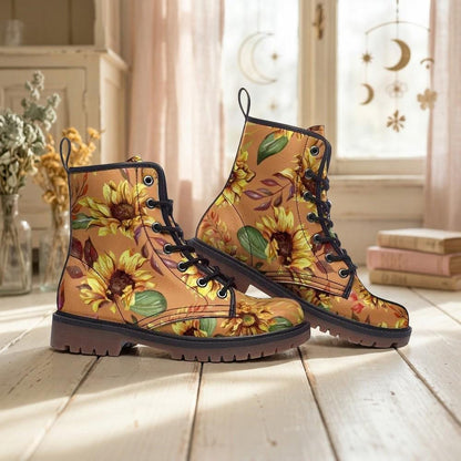 Sunflower Combat Boots for Fall, Rustic Boho Floral Lace Up Shoes
