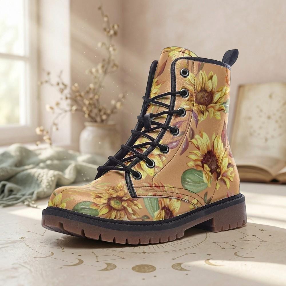 Sunflower Combat Boots for Fall, Rustic Boho Floral Lace Up Shoes