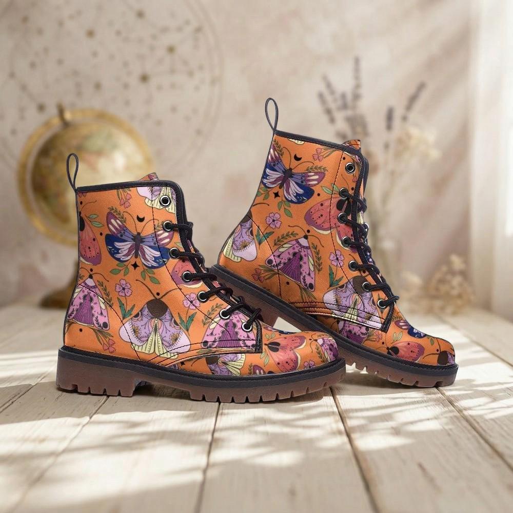 Luna Moth Combat Boots, Peach Witchy Ankle Boots, Pastel Goth Nature Shoes