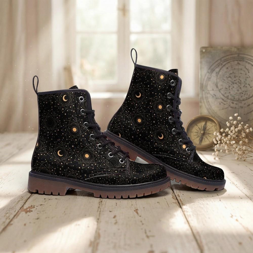 Celestial Moon Combat Boots, Witchy Starry Night Shoes, Occult Fashion