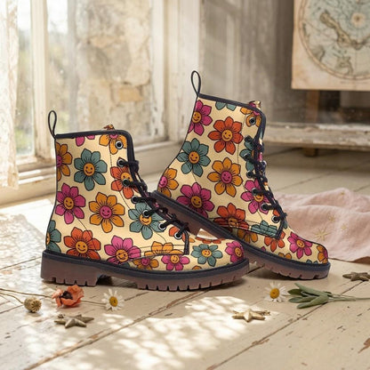 Vegan Combat Boots with Flower Pattern, Festival, Hippie
