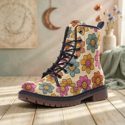 Vegan Combat Boots with Flower Pattern, Festival, Hippie