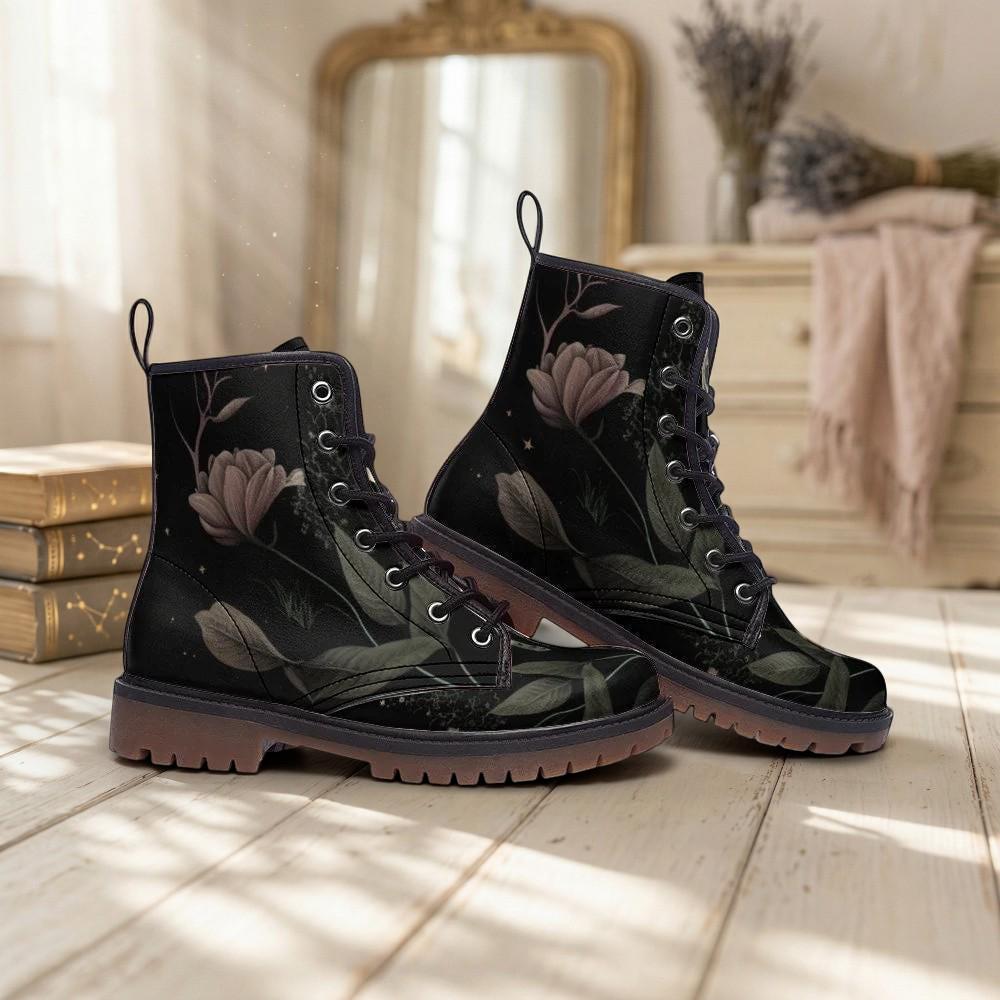 Golden Sun Moon Combat Boots, Celestial Floral Witchy Festival Shoes, Mystical Luminous Style
