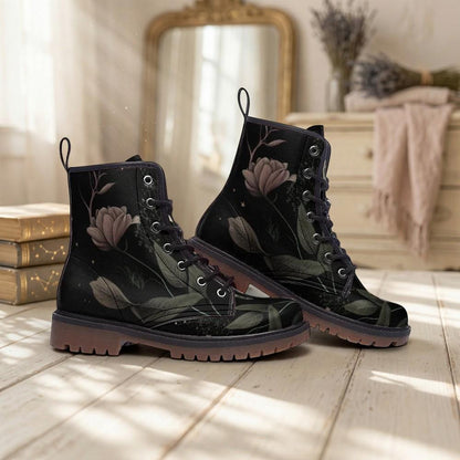 Golden Sun Moon Combat Boots, Celestial Floral Witchy Festival Shoes, Mystical Luminous Style