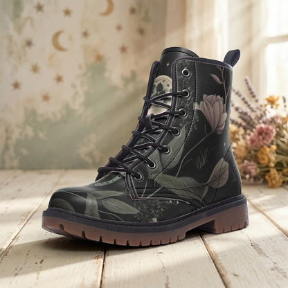Golden Sun Moon Combat Boots, Celestial Floral Witchy Festival Shoes, Mystical Luminous Style