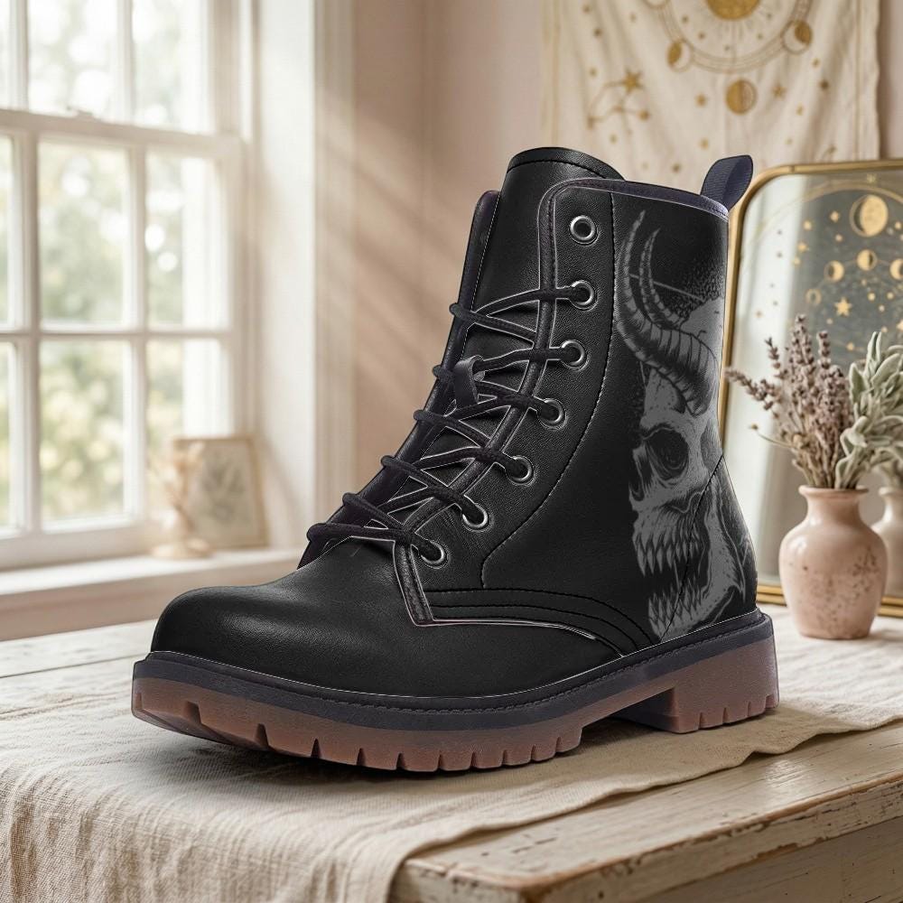 Gothic Skull Vegan Leather Combat Boots, Unisex Punk Lace-Up Ankle Shoes