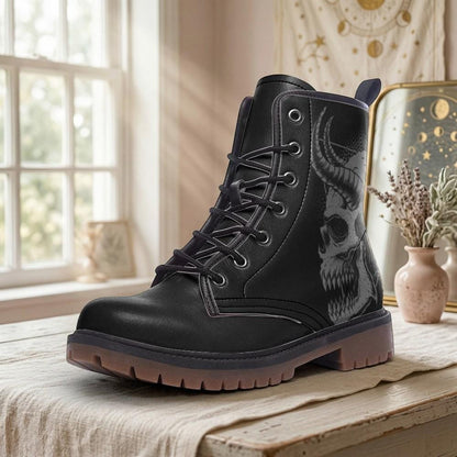 Gothic Skull Vegan Leather Combat Boots, Unisex Punk Lace-Up Ankle Shoes