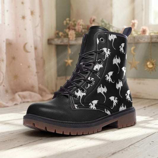 White dragon combat boots, fantasy lace-up shoes, vegan leather, festival cosplay, rave dragon footwear