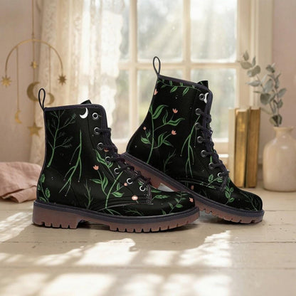Green botanical combat boots, leaf lace up rave shoes, eco vegan leather