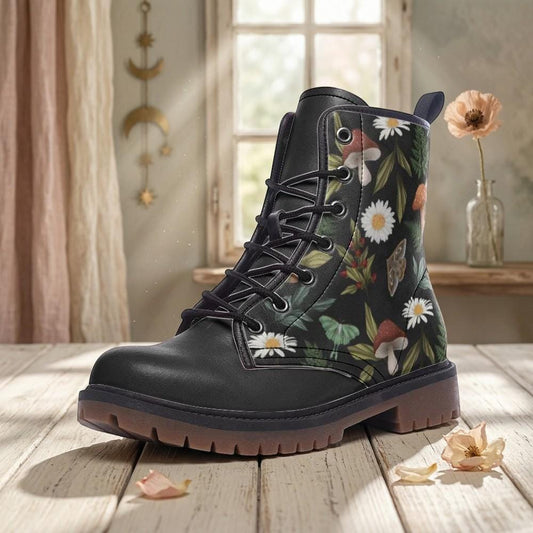 Cottagecore mushroom boots, woodland fairy lace up festival shoes