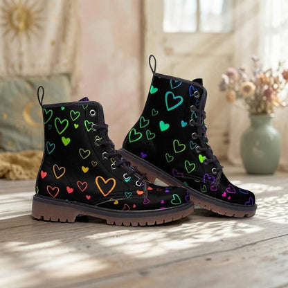 Rainbow Heart Combat Boots, Pastel Pride Lace Up Shoes, Vegan Leather Festival Footwear