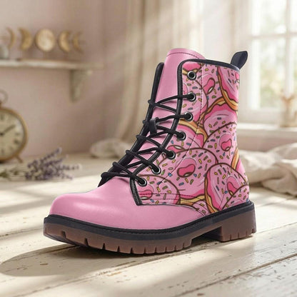 Donut Combat Boots Pink Lace Up Shoes, Sprinkle Print Ankle Boots for Sweet Style