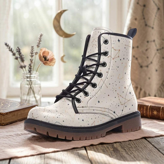 Constellation Combat Boots, Vegan Leather Astrology Festival Shoes, Celestial White Star Footwear