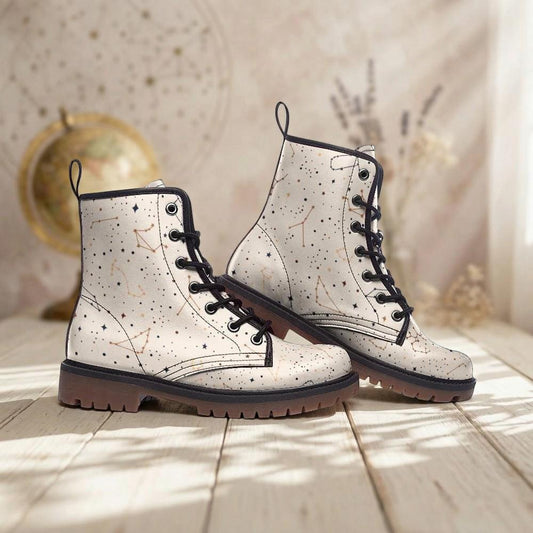 Constellation Combat Boots, Vegan Leather Astrology Festival Shoes, Celestial White Star Footwear