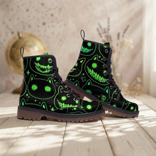 Neon Cat Combat Boots, Rave Festival Cyber Lace-Up Shoes, Glow Dark Alternative Footwear