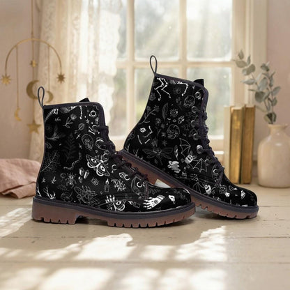 Goth Combat Boots with Occult Print, Witchy Lace Up Ankle Boots, Alternative Festival Shoes