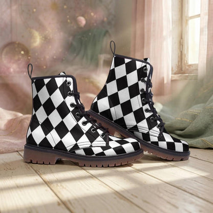 Black white diamond boots, monochrome punk lace up, alt harlequin goth shoes, checkered rave boots, emo festival shoes, punk checker boots