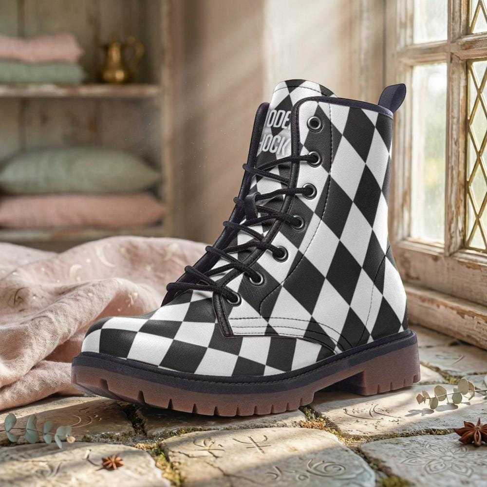 Black white diamond boots, monochrome punk lace up, alt harlequin goth shoes, checkered rave boots, emo festival shoes, punk checker boots
