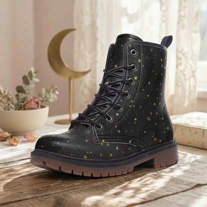Black Celestial Combat Boots, Gold Star Vegan Boots, Festival Footwear