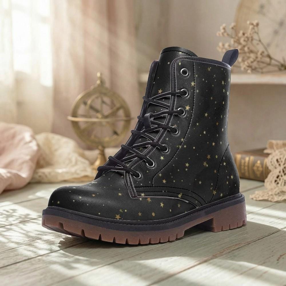 Vegan Black Combat Boots with Gold Stars
