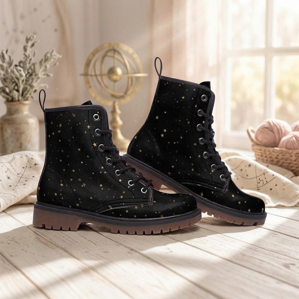 Vegan Black Combat Boots with Gold Stars