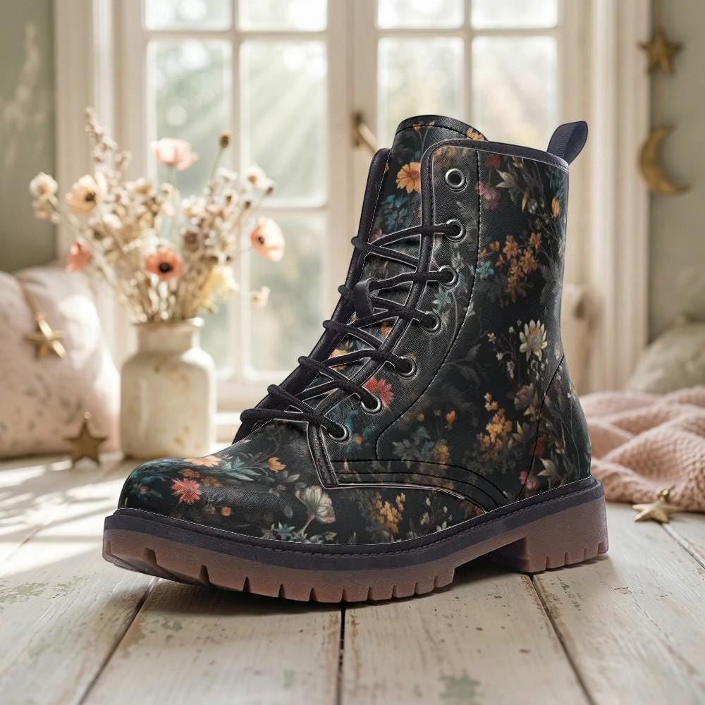 Forest Witch Boots, Goblincore Boots, Wildflowers Boots, Vegan Combat Boots, Witchcore, Naturecore Flowers Boots, Cottagecore Boots