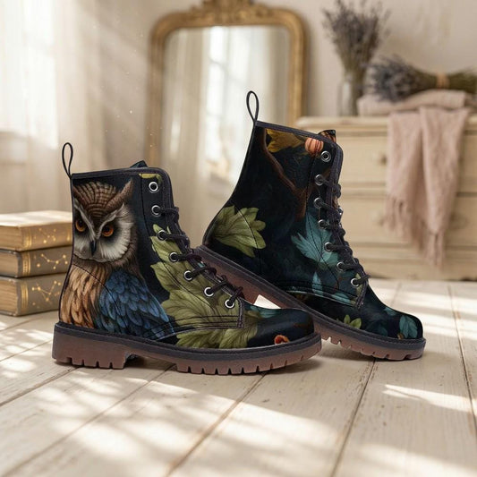 Enchanted owl combat boots, woodland night lace up shoes, mystical bird print footwear, dark forest ankle boots, cottagecore festival shoes