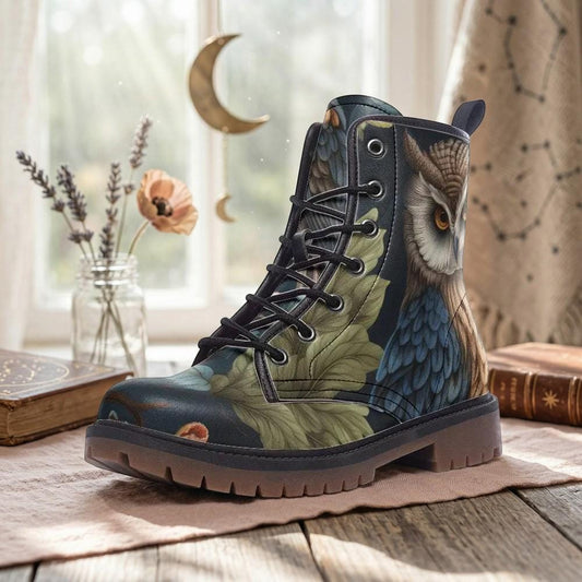 Enchanted owl combat boots, woodland night lace up shoes, mystical bird print footwear, dark forest ankle boots, cottagecore festival shoes