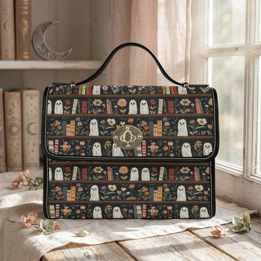 Ghost Library Print Purse, Witchcore Book Bag with Ghosts, Dark Academia Shoulder Bag