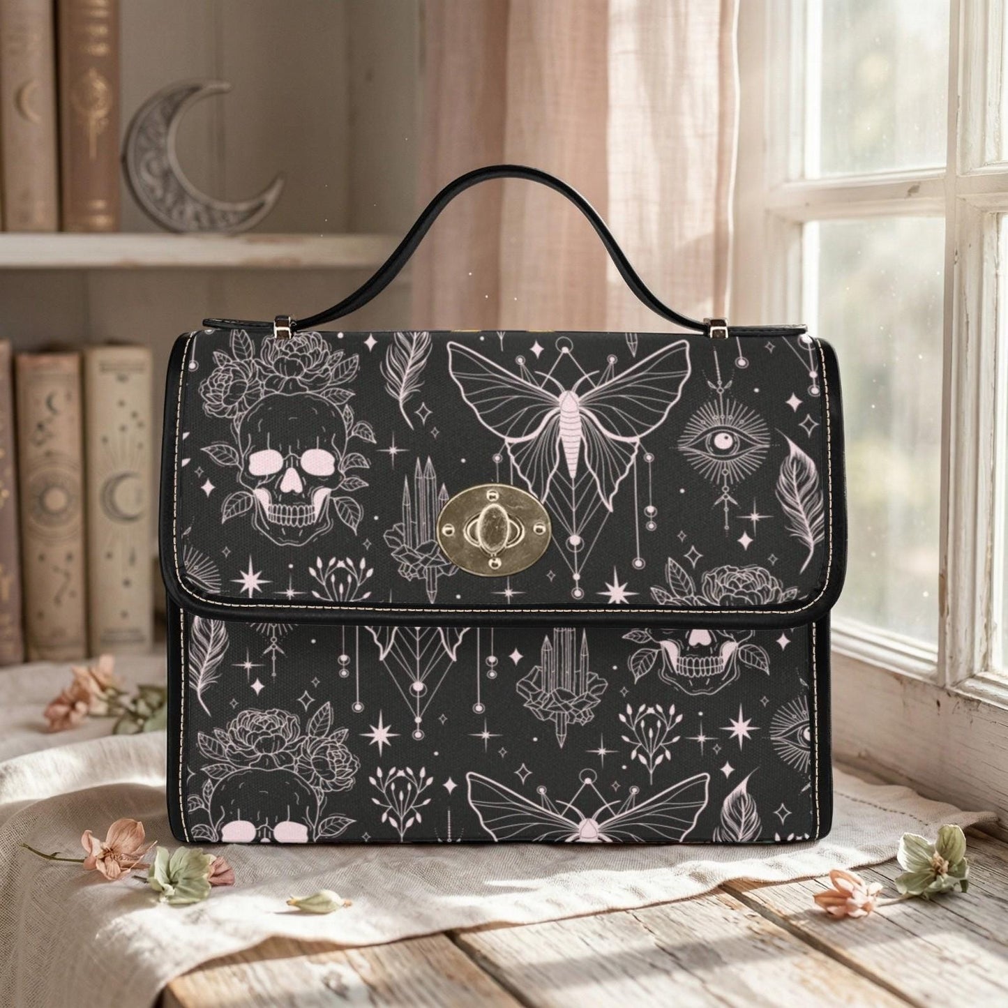 Goth Butterfly Satchel Bag, Celestial Skull Crossbody Purse, Witchy Top Handle Handbag