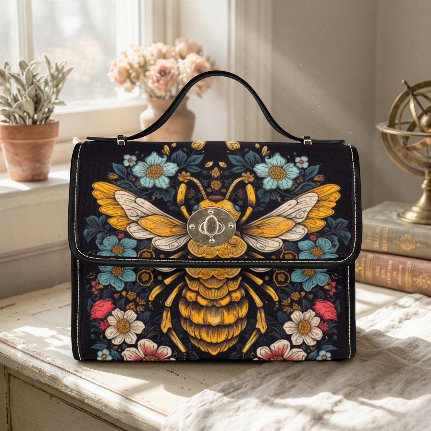 Bee floral handbag, top handle purse, dark botanical bag, cottagecore statement accessory